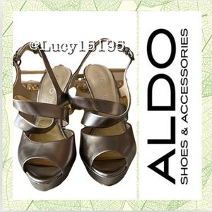❤️Aldo Varon Metallic Pewter Criss Cross Peep Toe Platform Heel